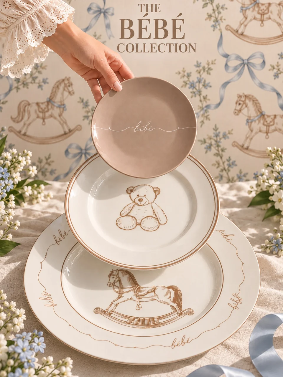 A hand styling the taupe, teddy bear, and rocking horse plates from the Bébé Collection