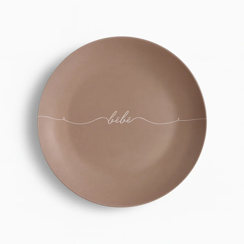 Bébé bread plate in taupe with signature script