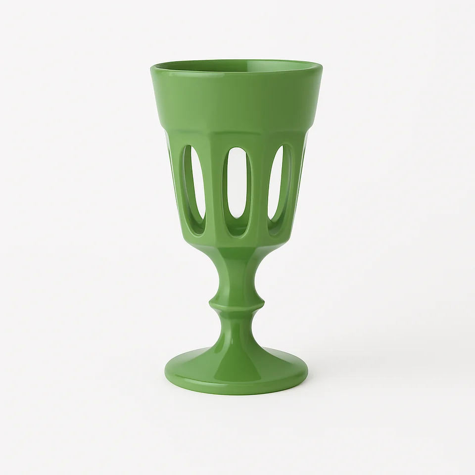 Sage green vintage-style goblet ideal for elegant wedding tablescapes and upscale event rentals.